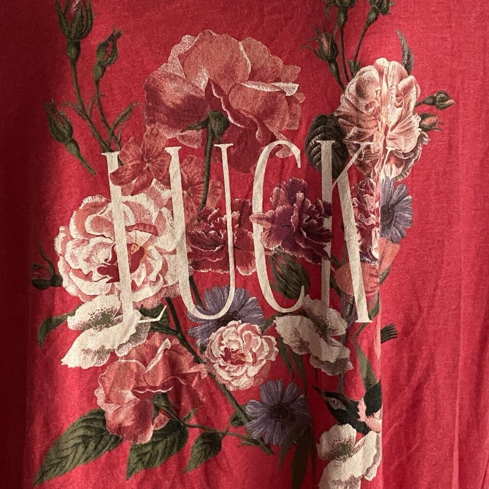 Lucky Brand T Shirt Womens Large Red Floral Bird Graphic Print Soft - Picture 4 of 7